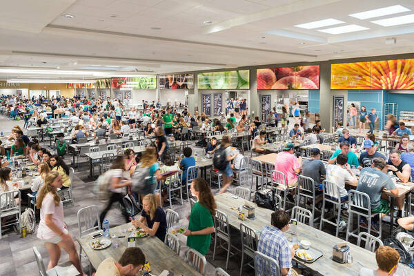 North Dining Hall interior with students interacting and enjoying meals