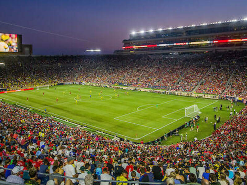 Overhead shot of a crowd dressed in red in Notre Dame Stadium watching the Liverpool vs. Borussia Dortmund friendly match