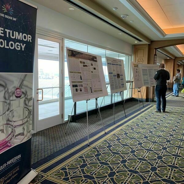Hank Family Forum event space decorated with research posters.