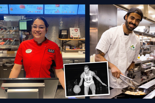 Portrait of Selina Hawkins, Tom Hawk playing basketball in a Notre Dame uniform, and Spenser Hawkins cooking on the right