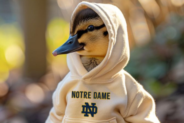 Lundberg Family Farms baby duckling wearing a small Notre Dame sweatshirt.