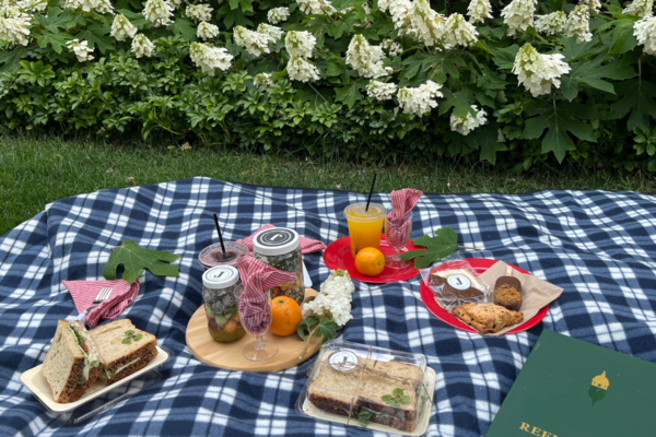 Scenic picnic including a navy blue and white checkered blanket. Sandwiches, fruit, a scone, a cookie, lemonade, glasses, and a Notre Dame book lay on the blanket creating the perfect picnic scene. A large white flower bush creates a backdrop for the picnic.