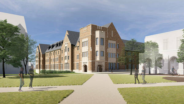 Architectural rendering of a collegiate gothic residence hall