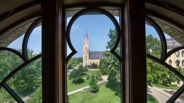 A view of the Basilica from a wrought iron window in Washington Hall.