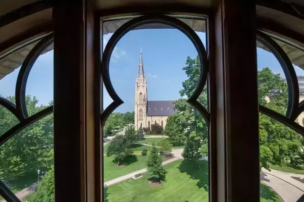 A view of the Basilica from a wrought iron window in Washington Hall.